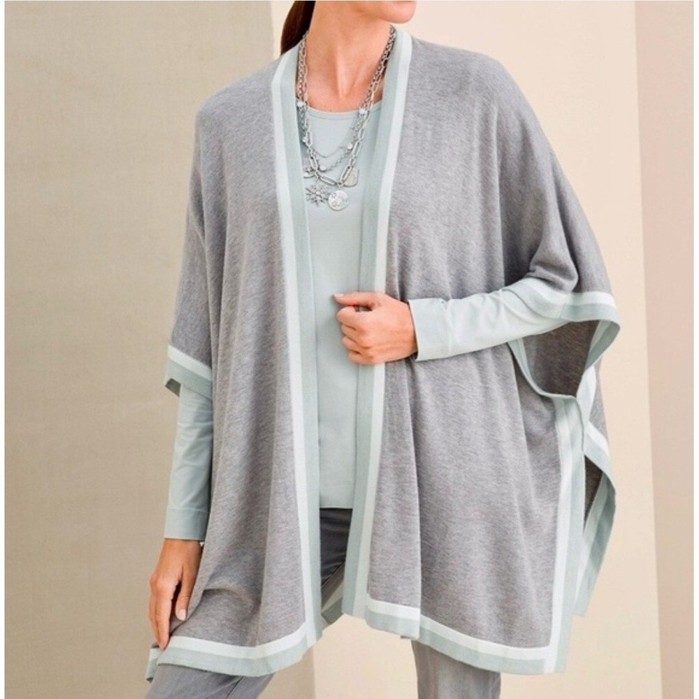 Chicos Gray Mint Green Trim Open Front Poncho Wrap Cashmere Blend L/XL
